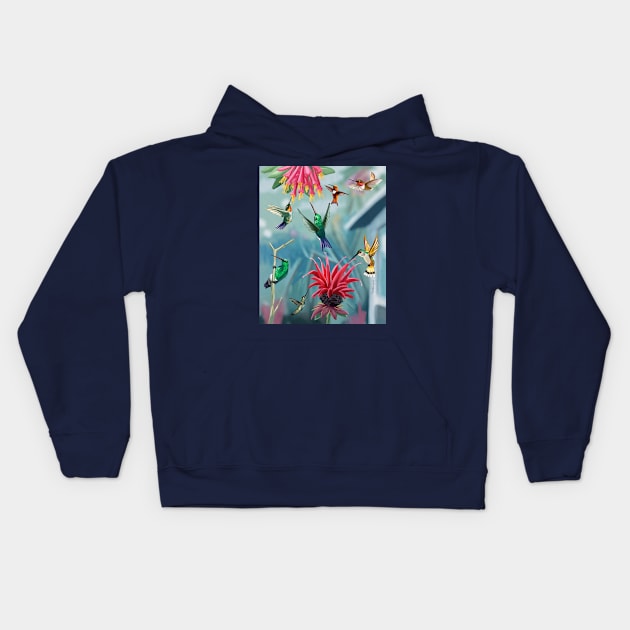 Hummingbird Feeder Frenzy Kids Hoodie by reschasketch